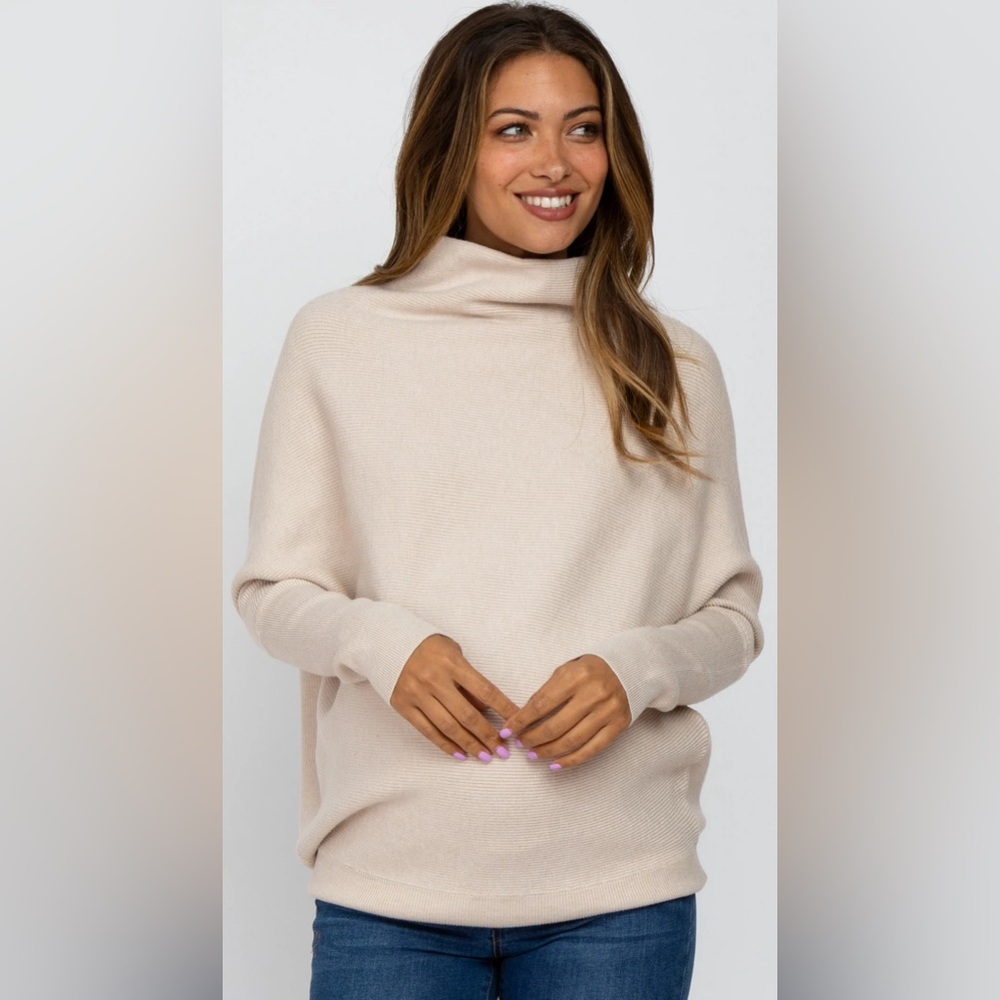 Beige Funnel Neck Dolman Sleeve Maternity Sweater -Pinkblush/Bluivy brand